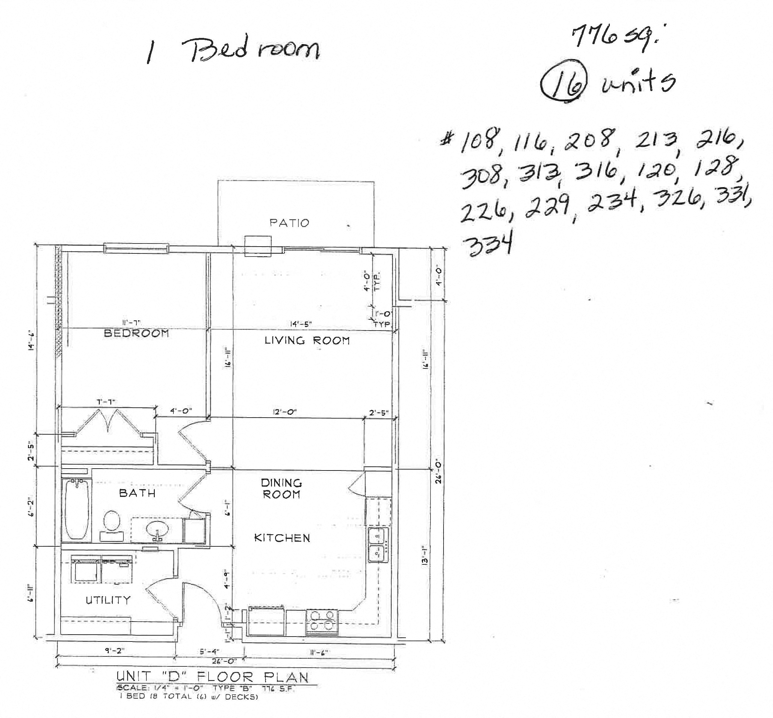 Floor plan for 1 bed, 1 bath, 776 sqft